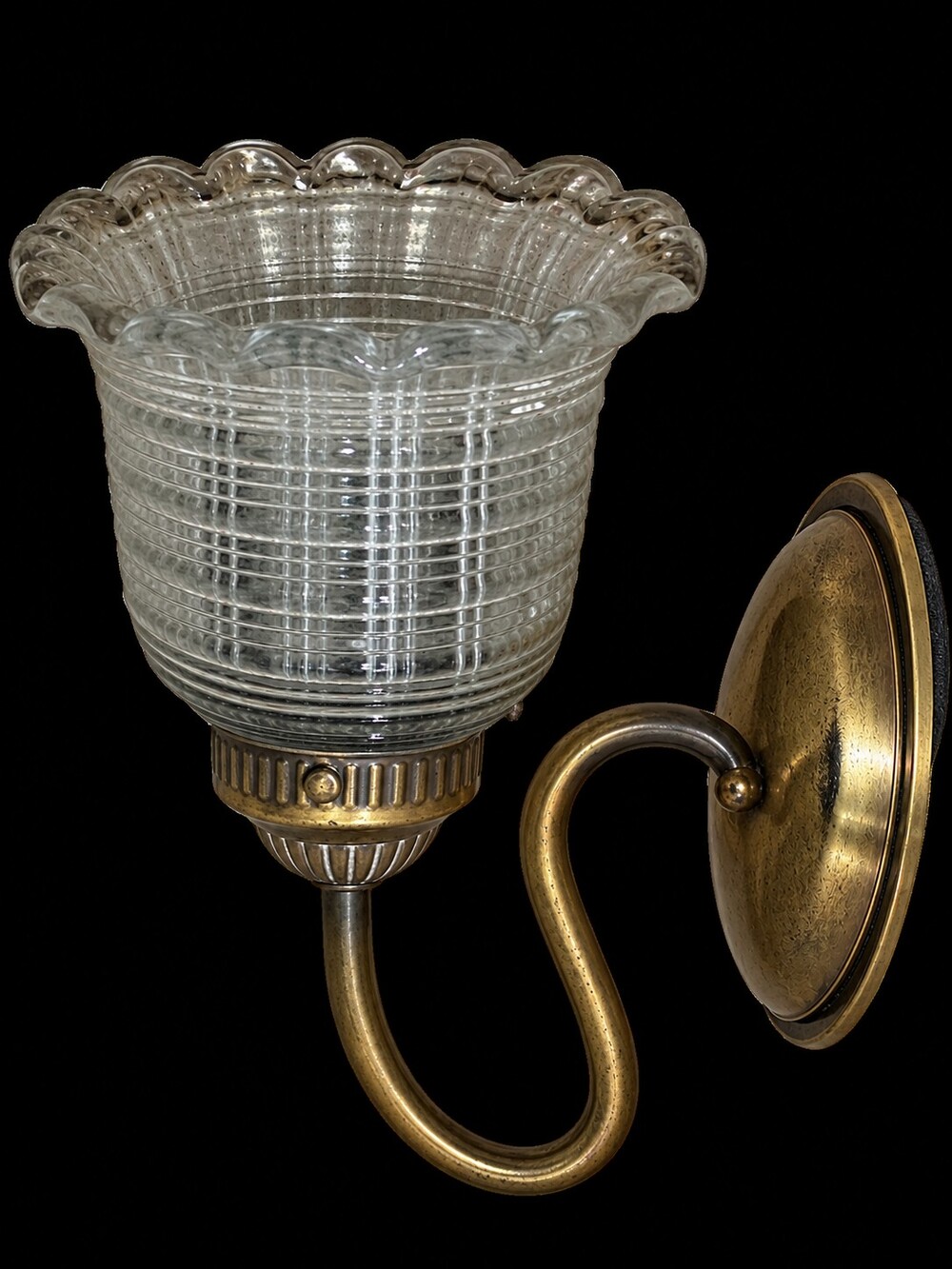 Vintage Classic Style Bronze Scalloped Pressed Glass Shade Sconce